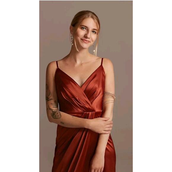 DB Studio Pleated Bodice Spaghetti Strap Satin Tulip Dress In Cinnamon 14 - Picture 2 of 14